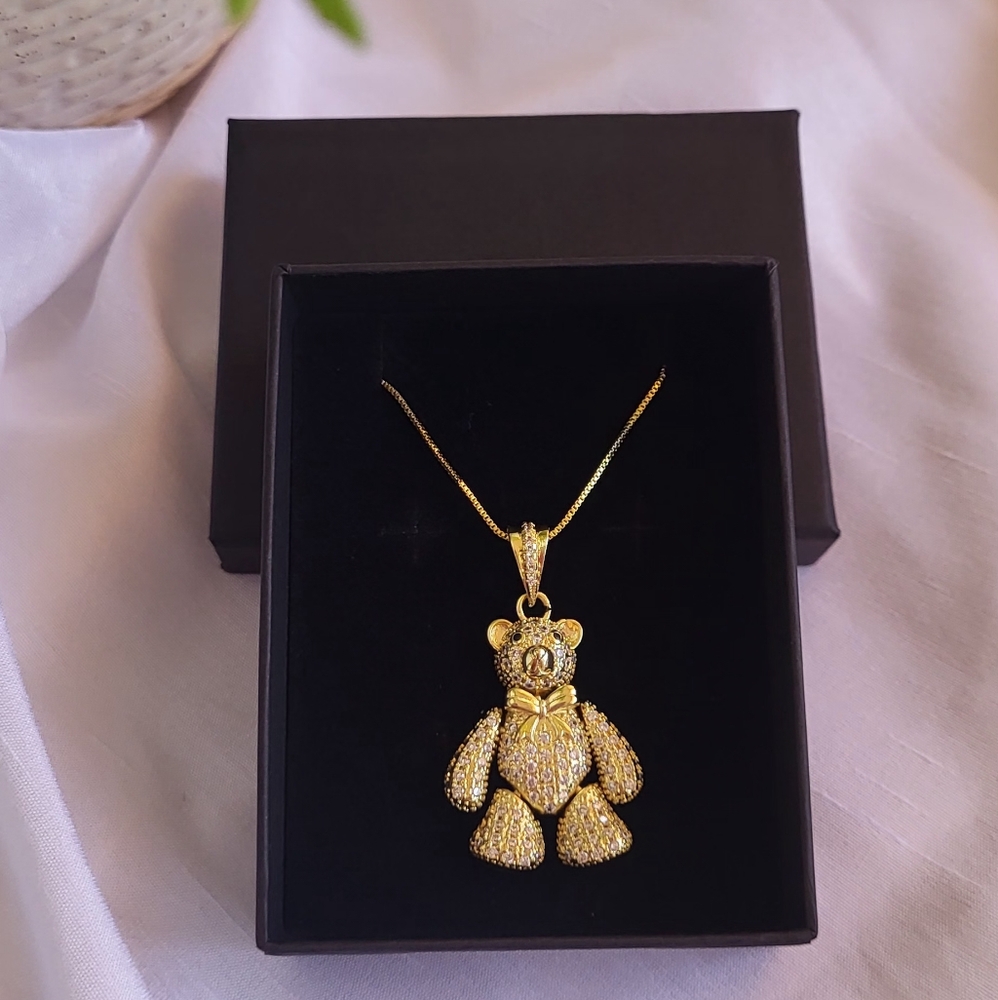 New Gold Teddy Bear Pendant Necklace 9 Inch Lenth. 1 1/2 Inch Pendant
